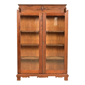 Antique Victorian Two-Door Carved Oak Bookcase Cabinet, Circa 1900