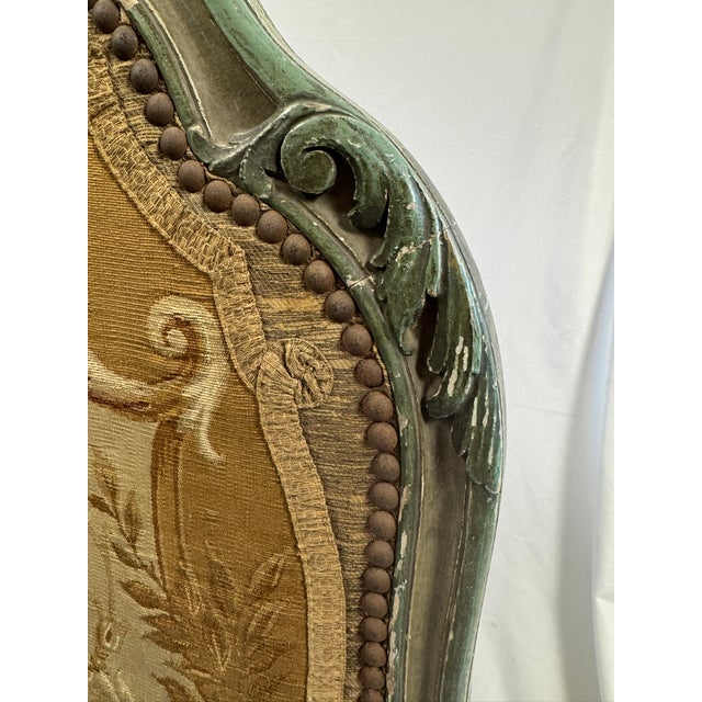 Antique French Louis XV Style Painted Firescreen | Aubusson-Style Tapestry Panel | Sage Green Cabriole Legs | 37in For Sale - Image 16 of 18