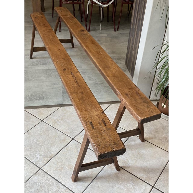 Brown Vintage Farmhouse Benches in Oak, 1950s, Set of 2 For Sale - Image 8 of 18