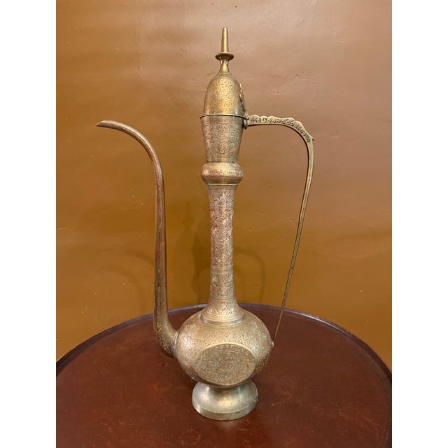 Moroccan Vintage 23" Ornate Etched Solid Brass Aftabeh Ewer For Sale - Image 3 of 18