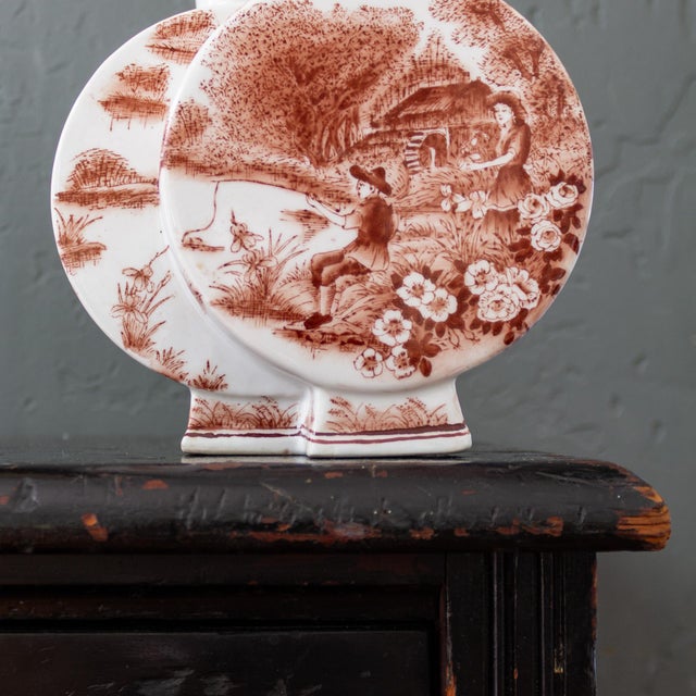 Porcelain Double Moon Flask Vase With Red Hand Painted Country Scene For Sale - Image 11 of 18