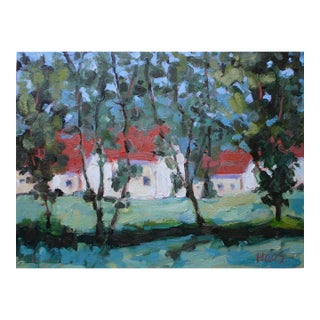 Red Roofs, Through the Trees Impressionist Oil Painting Landscape For Sale