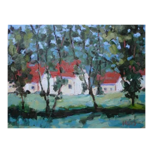 Red Roofs, Through the Trees Impressionist Oil Painting Landscape