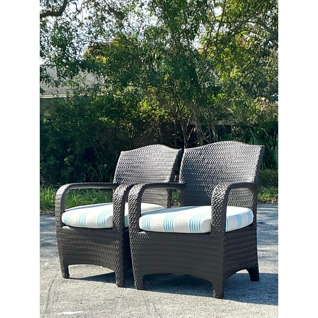 Vintage Coastal Woven Rattan Lounge Chairs - a Pair For Sale - Image 4 of 9