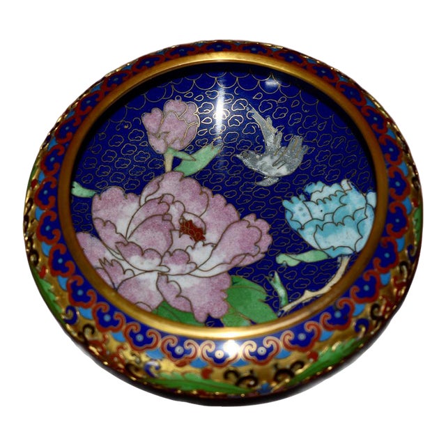 Vintage Chinese Small Cloisonné Bowl With Floral Interior For Sale