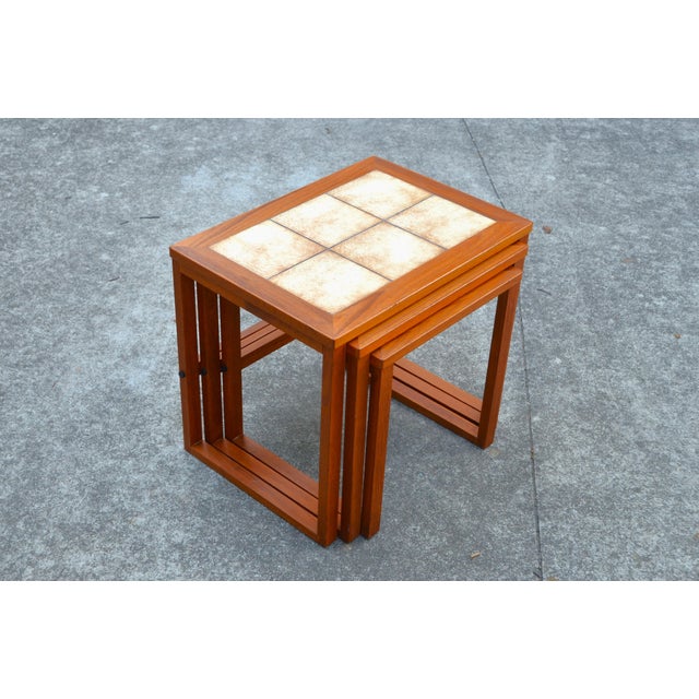 Wood Danish Modern Teak Nesting Tables With Tile Tops by Brdr. Furbo - Set of 3 For Sale - Image 7 of 9