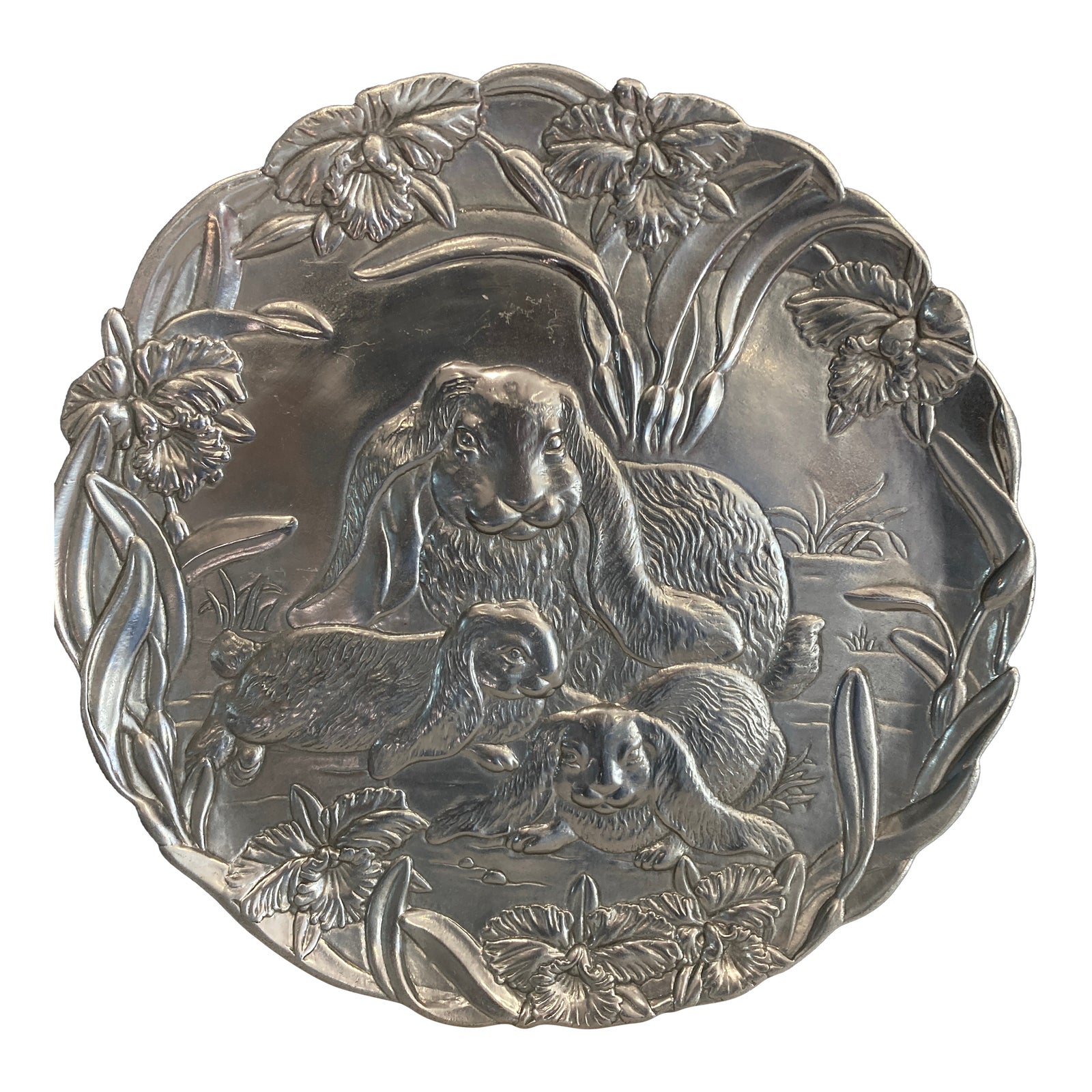 1990s Arthur Court Embossed Aluminum Bunny Platter | Chairish