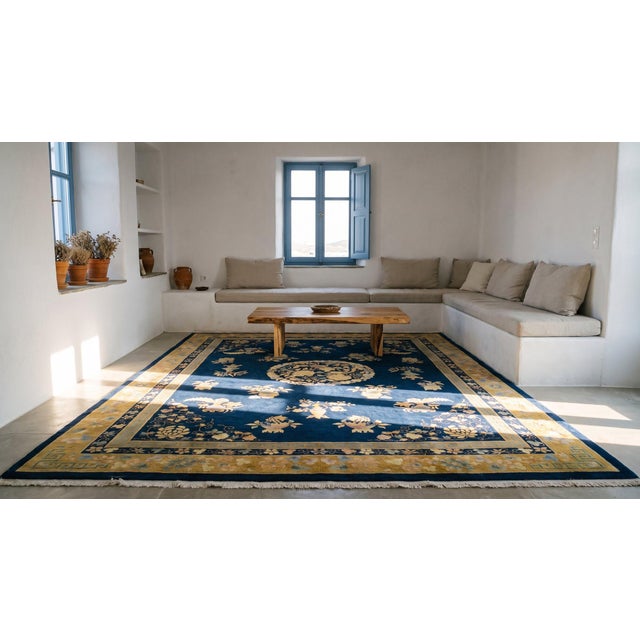 1920s Navy Blue Floral Vase Antique Chinese Art Deco Rug 8' 9'' X 11' 6'' Wool Knotted Carpet For Sale - Image 15 of 15