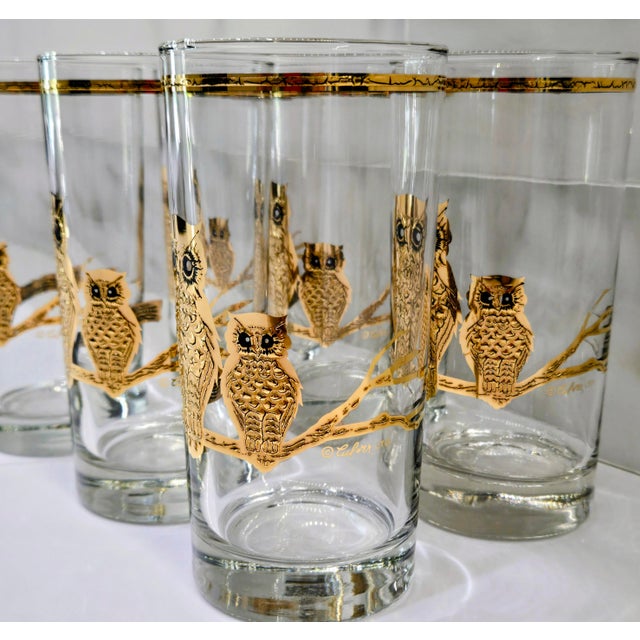 1950s Vintage Hollywood Regency Culver Ltd. Set of 6 22k Gold Owl Highball Glasses - Set of 6 For Sale - Image 5 of 8