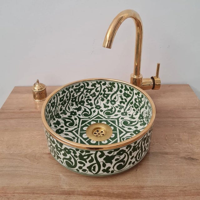 Not Yet Made - Made To Order Contemporary 14 Karat Gold Green Flower Washbasin with Brass Drain For Sale - Image 5 of 10