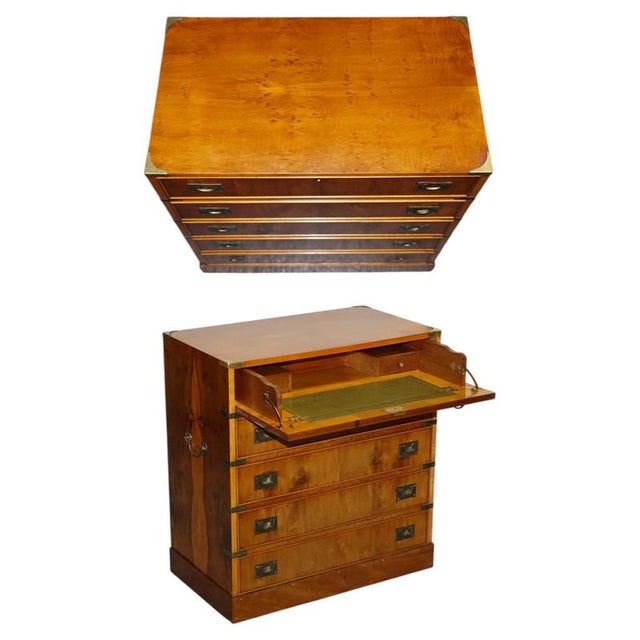 Vintage Military Campaign Yew Wood Secretaire with Brass Handles For Sale - Image 16 of 16