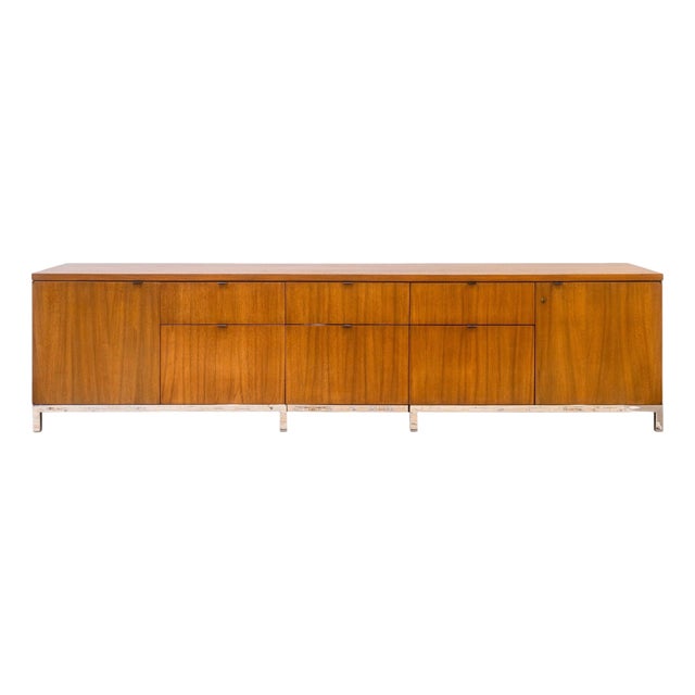 Monumental Vintage Florence Knoll Walnut Wood & Chrome Executive Office Credenza For Sale