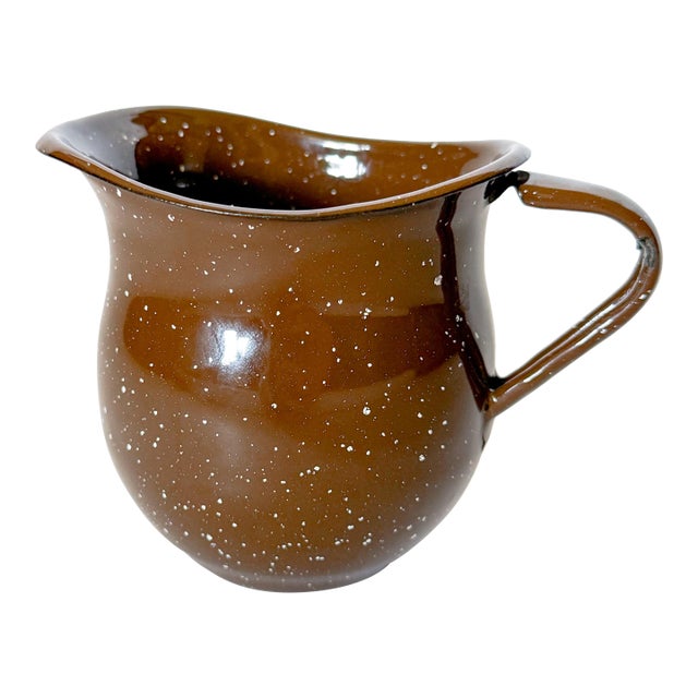 Vintage Brown Splatter Enamelware Creamer Pitcher For Sale