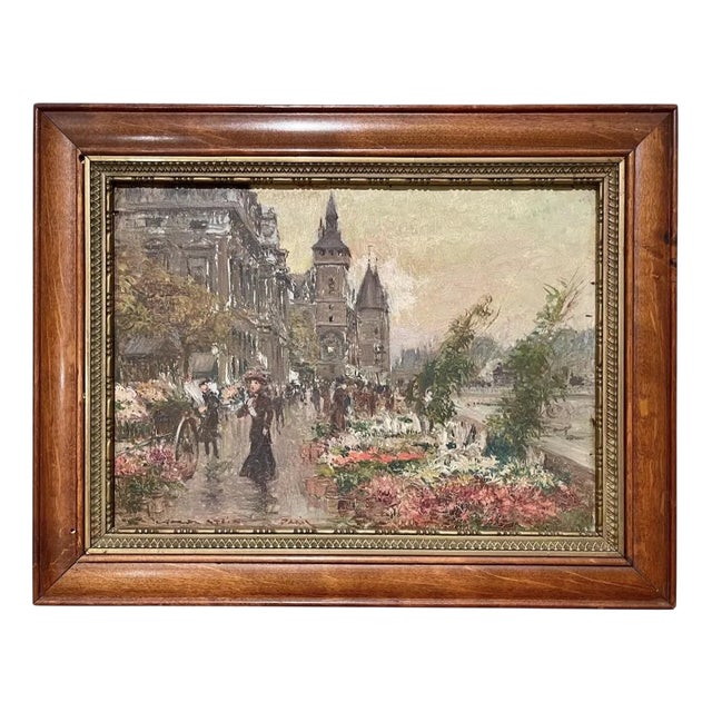 Georges Stein, Flower Market, Quai De l'Horloge Paris, Oil on Panel, Framed For Sale