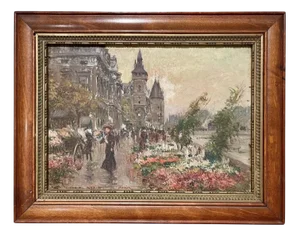 Georges Stein, Flower Market, Quai De l'Horloge Paris, Oil on Panel, Framed