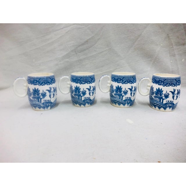 Vintage Blue Pattern Barrel Shaped Mugs - Set of 4 For Sale - Image 13 of 13
