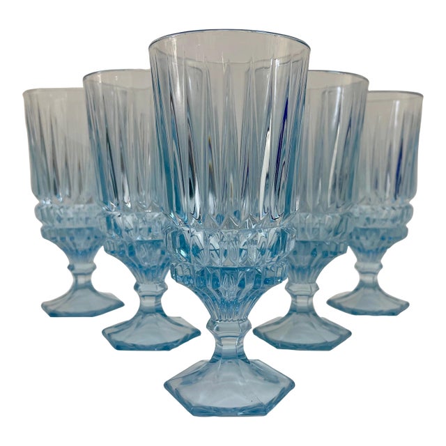 Paris Blue Vintage Water Stemmed Goblets - Set of 5 For Sale