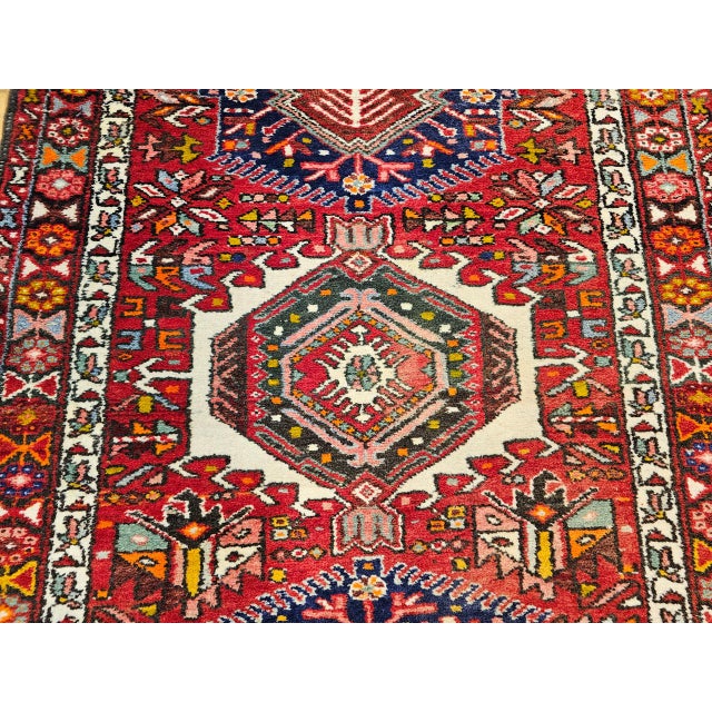 Antique Persian Heriz Karajeh Runner, Hand-Knotted Wool, Geometric Medallion Pattern, Red & Navy, 4x14 For Sale - Image 13 of 18