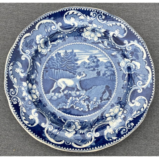 Ceramic Antique 19th Century Enoch Wood Blue Transferware Plate Pointer and Quail Pattern With Dog Circa 1825 For Sale - Image 7 of 13