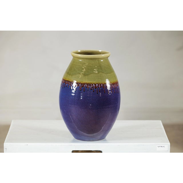 Art Deco Artisan Purple and Olive Green Glazed Ceramic Ovoid Vase with Drip Detail For Sale - Image 3 of 12