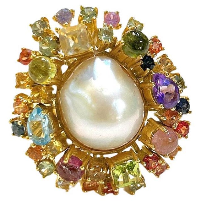Bochic “Orient” Sapphire & Multi Fancy Gem Cocktail Ring Set 18K Gold & Silver, Size 10 For Sale