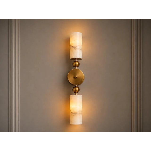 Not Yet Made - Made To Order Brass Double Wall Sconce With Natural Alabaster Shades, Contemporary Double Wall Sconce, Natural Stone Lighting for Bedroom & Hallway For Sale - Image 5 of 9