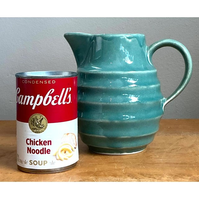 Vintage Aqua Ribbed Ceramic Pitcher For Sale - Image 12 of 12