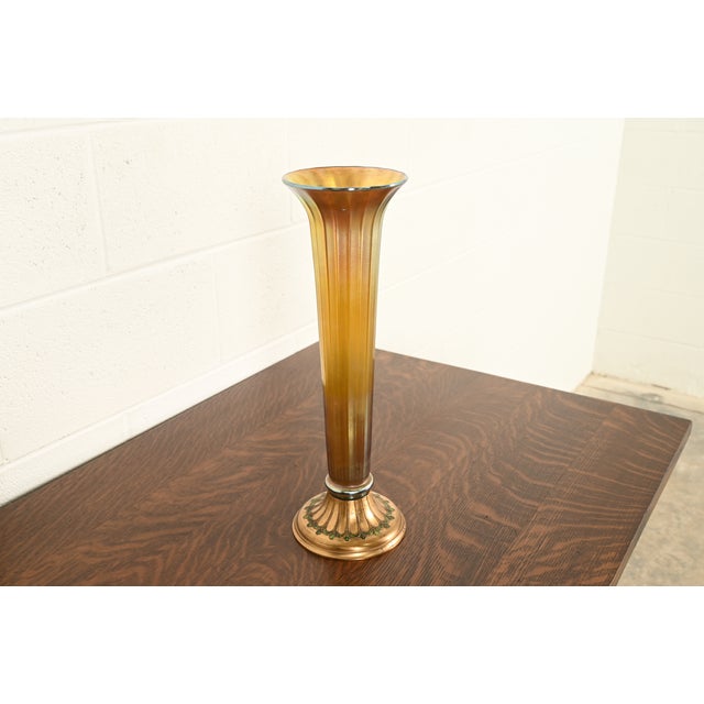 Art Deco Louis Comfort Tiffany Furnaces Favrile Iridescent Art Glass Trumpet Vase on Bronze Doré Enameled Stand, 1920s For Sale - Image 3 of 11