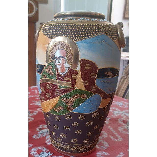 vintage japanese satsuma vase. it's stamped in red on bottom, seizan. beautifully hand Painted With raised enamel Moriage...