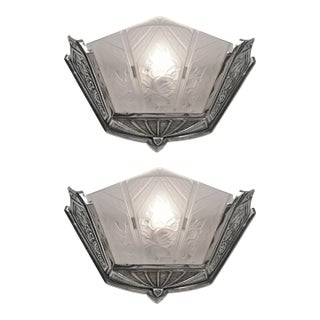 Pair of 1930s Hanots French Art Deco Nickeled Bronze Fan Wall Sconces - 2 Pairs Available For Sale