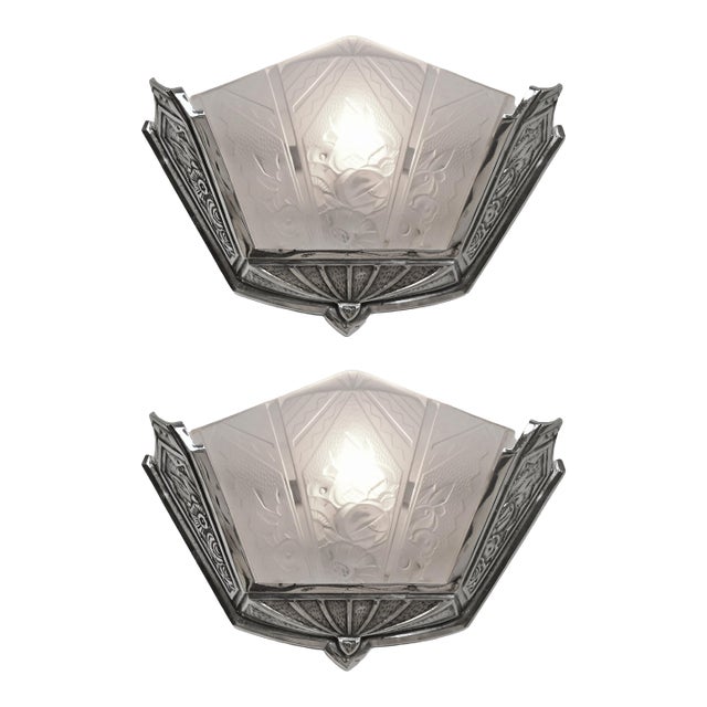 Pair of 1930s Hanots French Art Deco Nickeled Bronze Fan Wall Sconces - 2 Pairs Available For Sale