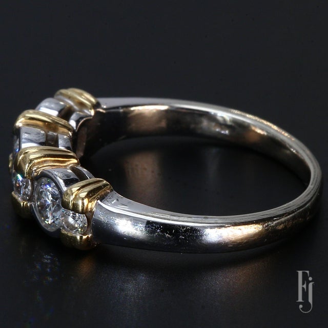 Mid 20th Century 18k White & Yellow Gold Diamond Three-Stone Bezel Set Ring - Size 7 For Sale - Image 4 of 6