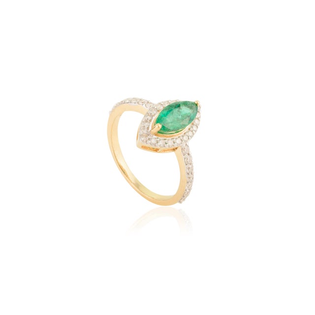 Marquise Cut Emerald Halo Set 18k Gold Engagement Ring Size 6 For Sale - Image 4 of 11