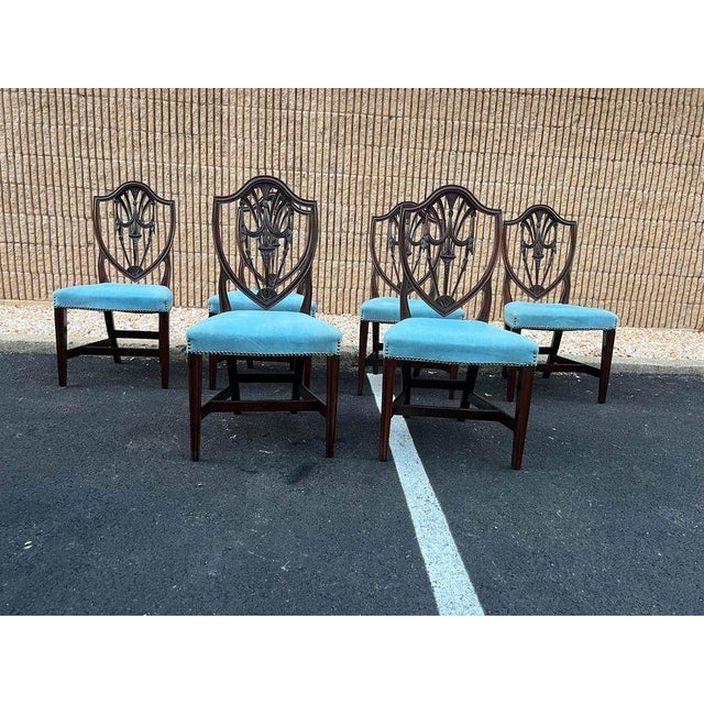 Set of Six Antique Hepplewhite Style Mahogany Hand Carved Shield Back Dining Chairs Frame is sturdy with drape carved...