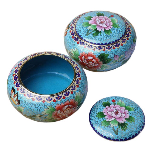 Pair of Vintage Cloisonné Enamel Round Boxes – Peony & Butterfly Motif, Light Blue Ground For Sale