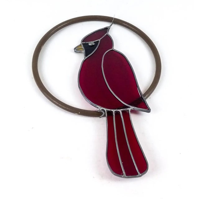 Red Lead Framed Artisan Glass Hanging Cardinal Sun Catcher For Sale - Image 8 of 8