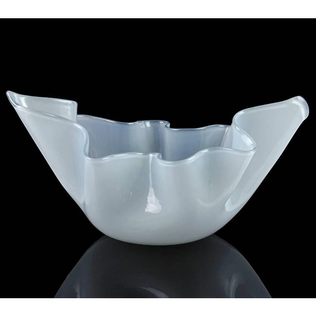 Beautiful and rare, vintage Murano hand blown blue gray, opaline Italian art glass handkerchief sculptural vase or...