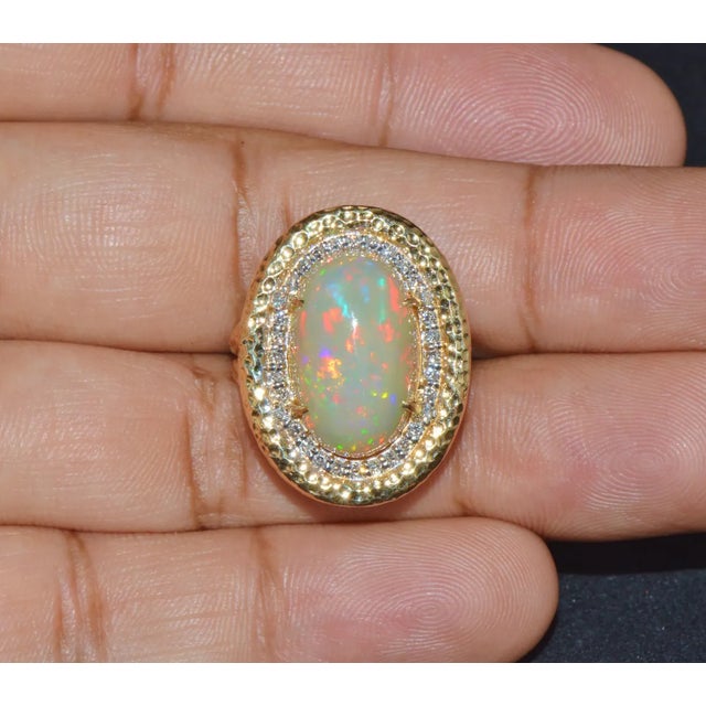 Early 21st Century Certified Natural 7.44Cts VS F Diamond Opal Cocktail Halo Hammered 18K Solid Gold Ring, size 6.75 For Sale - Image 5 of 10