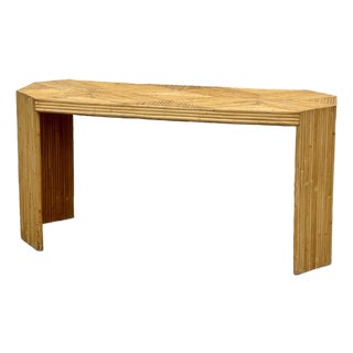 Vintage Palm Beach Pencil Reed Console With Geometric Inlaid Top in Style of McGuire For Sale