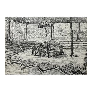 Vintage John Van Der Sterren Original Charcoal Drawing of Sayan, Ubud, Bali 20th C. For Sale