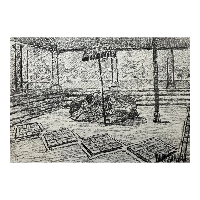 Vintage John Van Der Sterren Original Charcoal Drawing of Sayan, Ubud, Bali 20th C. For Sale
