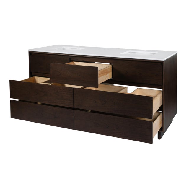Wood Halmstad 72 in. W Rectangular Wood Double Sink 5 Drawer Bathroom Vanity Set, Walnut For Sale - Image 7 of 11