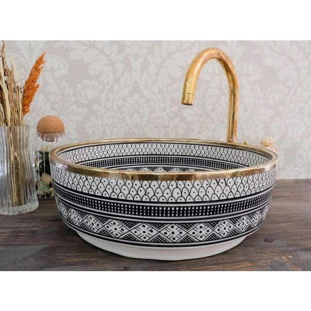 Ceramic Sink for Bathroom Brass Rim Vanity Sink Moroccan Handmade For Sale - Image 4 of 5