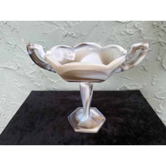 1970s 1970s Westmoreland Gray & White Slag Glass Pedestal Compote With Handles For Sale - Image 5 of 10