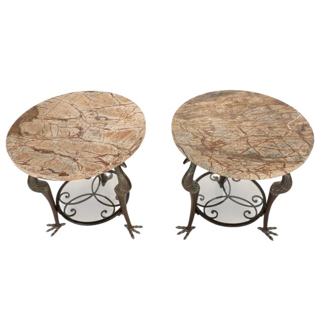 Bronze Bird Form Side Tables W/ Marble Tops Attributed to Maitland Smith - A Pair For Sale - Image 4 of 17
