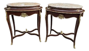 1920 French Louis XVI Mahogany Marble Side Tables - Pair of 2 PCS
