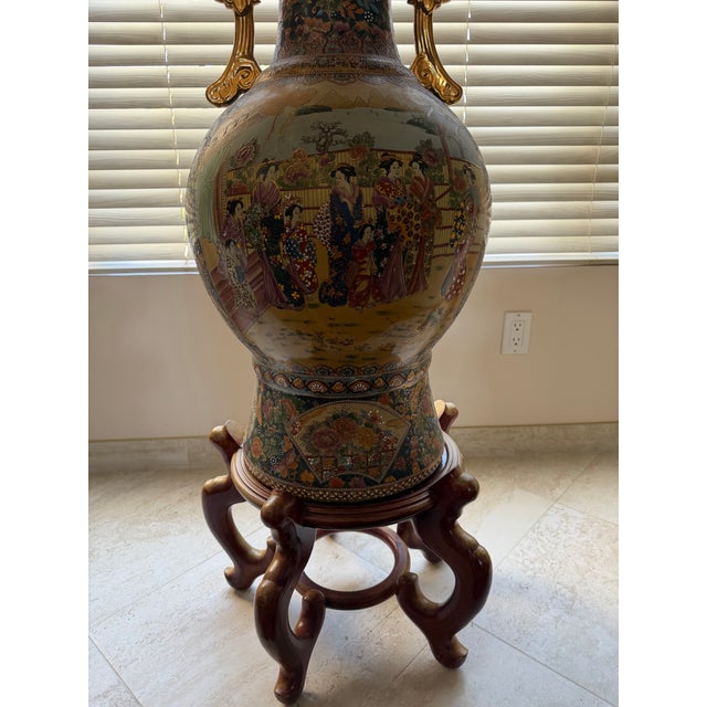 Monumental Chinese Famille Rose Porcelain Floor Vase with Court Scene & Gilt Handles on Stand imported from china in the...