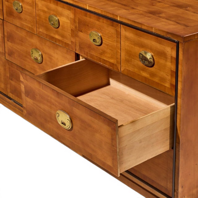 Wood Hickory Manufacturing Mid Century Walnut and Brass Campaign Dresser For Sale - Image 7 of 9