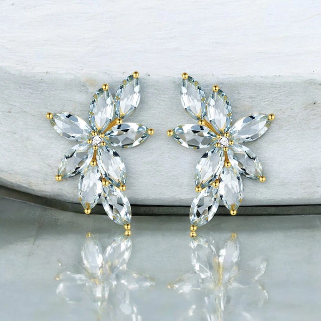 Nina Zhou Aquamarine Diamond Cluster Earrings in 14k Gold - a Pair For Sale - Image 13 of 14