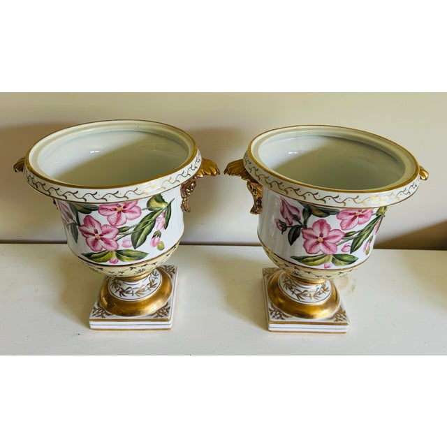 Neoclassical Vintage Chelsea House Neoclassical Urn Style Hand Painted & Gold Planters ~ a Pair For Sale - Image 3 of 12
